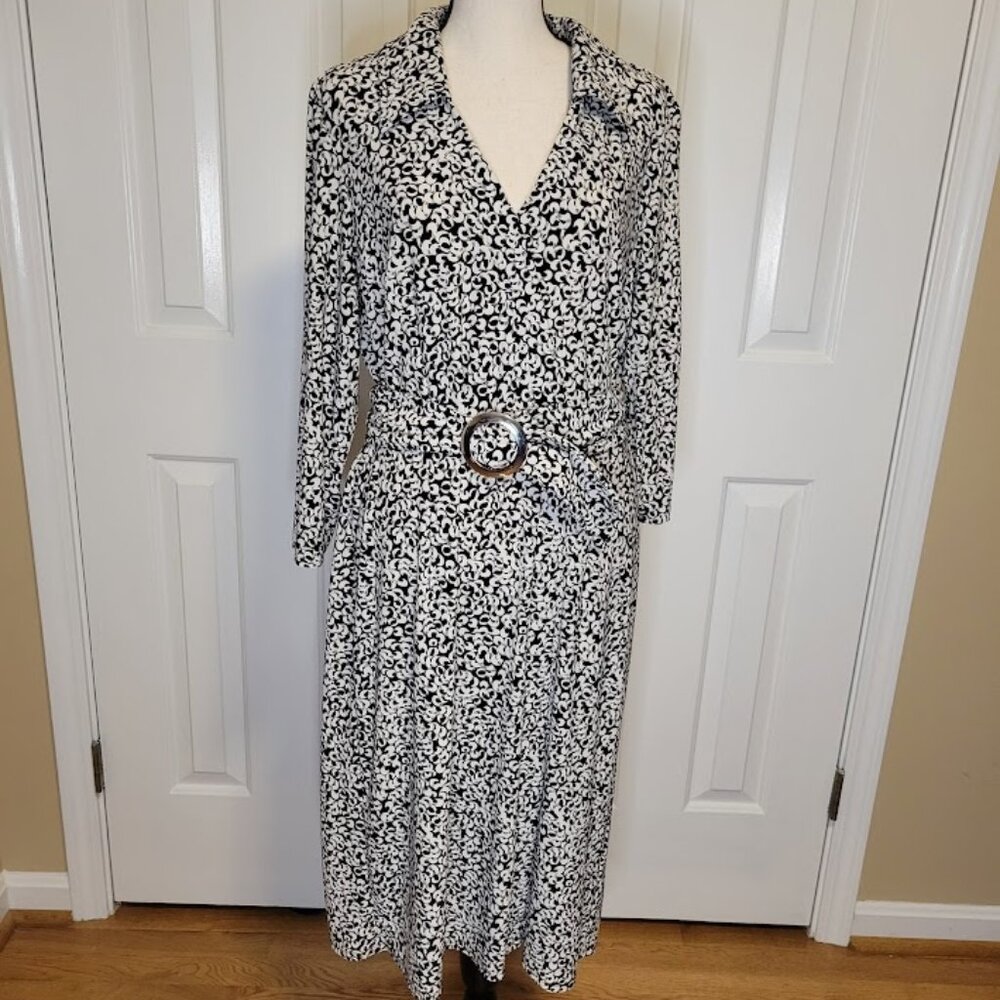 Chaps Black White Abstract Faux Wrap Belted Midi Dress L